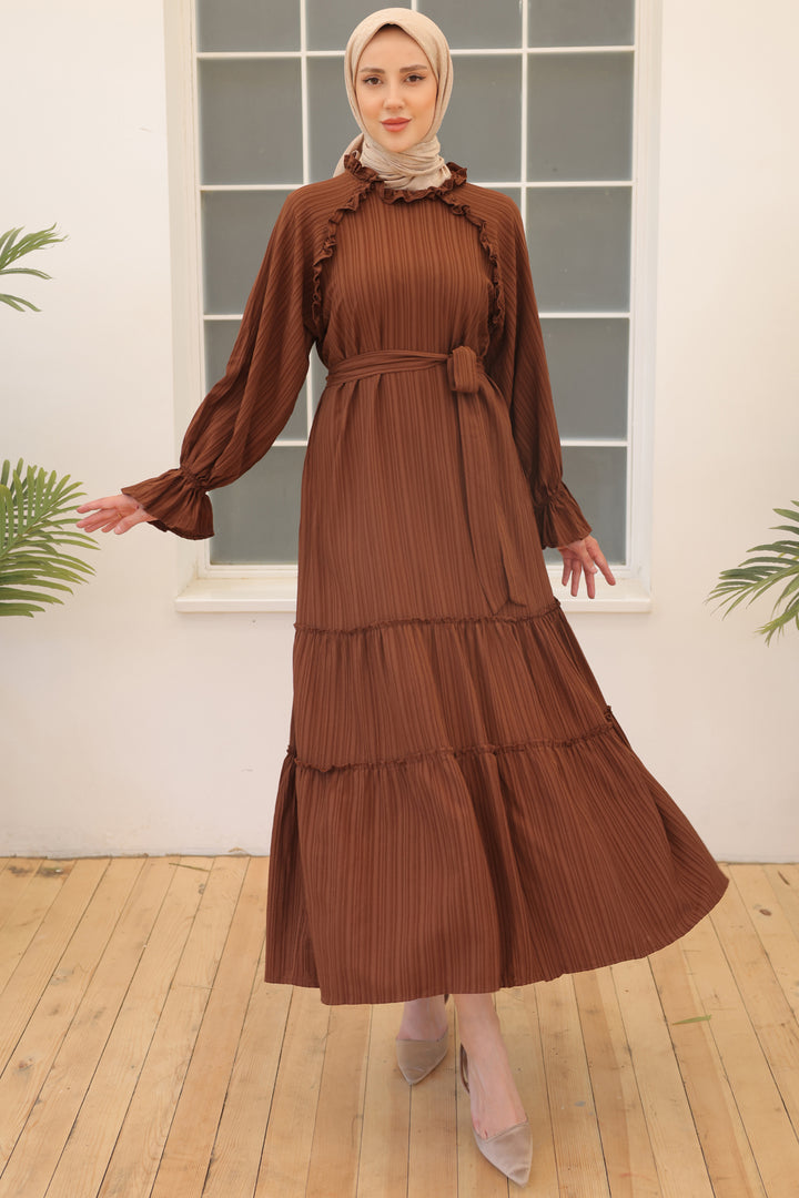 BNG Women Brown Belted Ruffle Detail Dress - Clermont