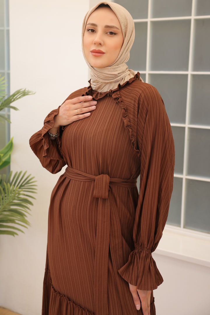 BNG Women Brown Belted Ruffle Detail Dress - Clermont