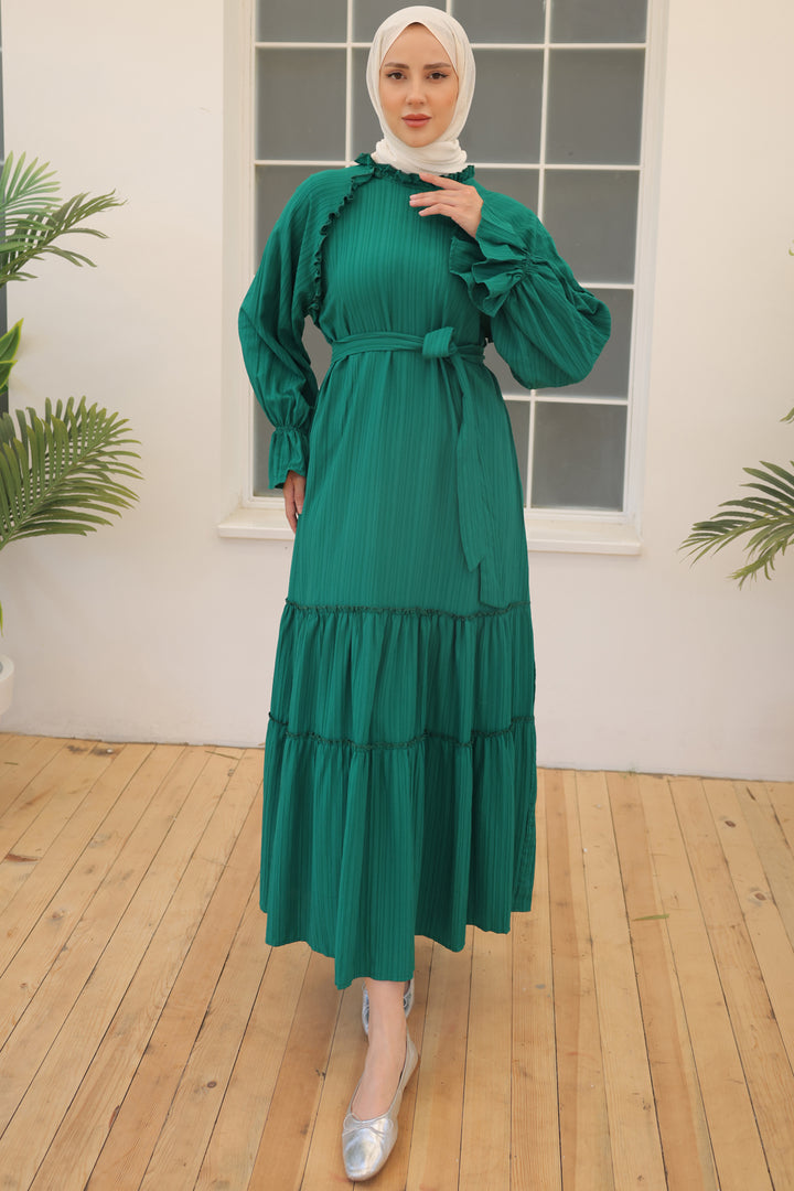 BNG Women Ruffled Detail Belted Dress Emerald Green - Clermont