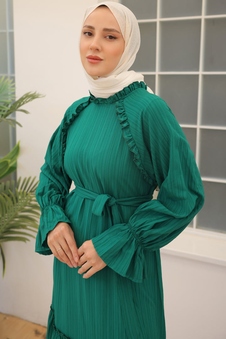 BNG Women Ruffled Detail Belted Dress Emerald Green - Clermont