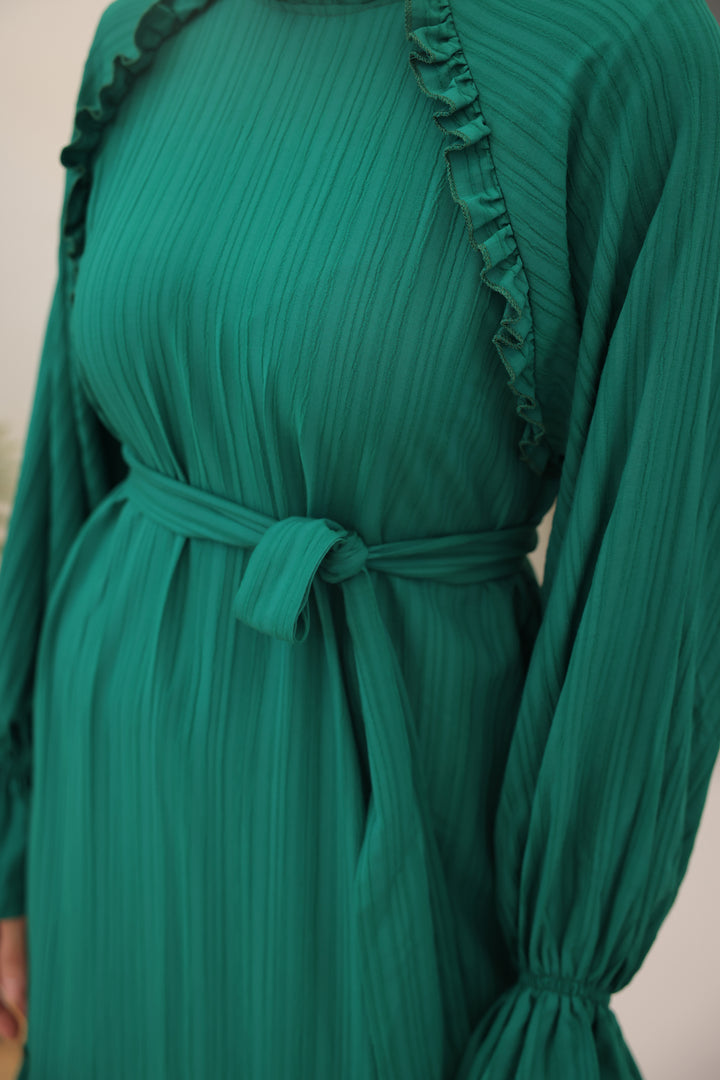 BNG Women Ruffled Detail Belted Dress Emerald Green - Clermont