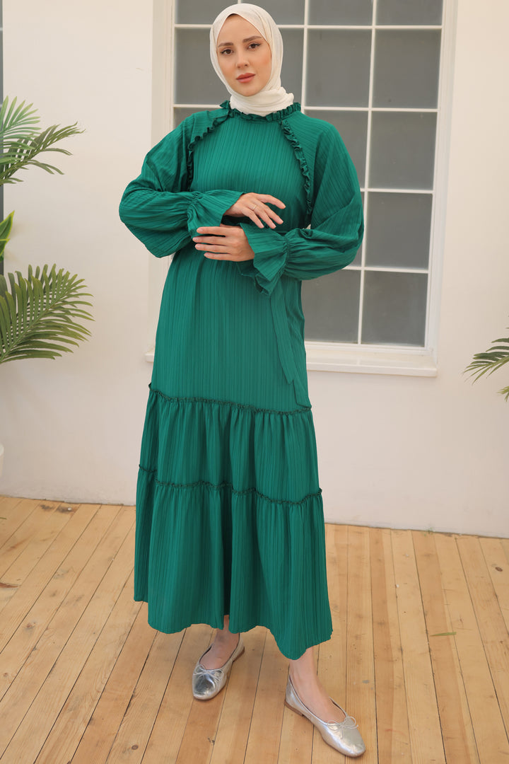 BNG Women Ruffled Detail Belted Dress Emerald Green - Clermont