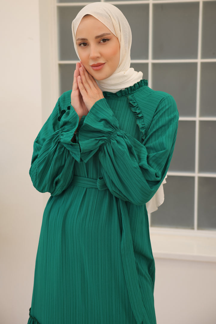 BNG Women Ruffled Detail Belted Dress Emerald Green - Clermont