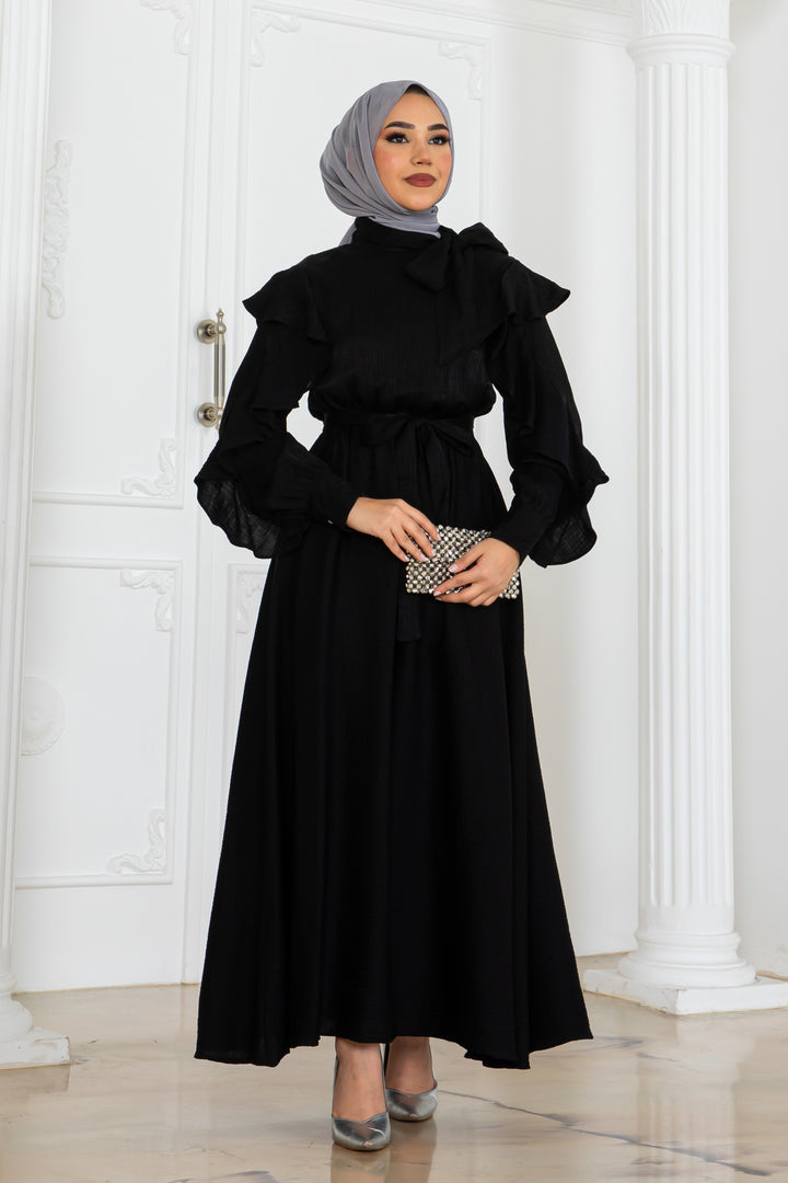 BNG Women Kadın Beli Kuşaklı Fırfır Detaylı Elbise Siyah 2092 - Columbia