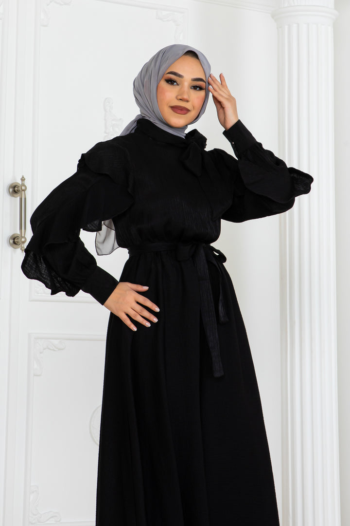 BNG Women Kadın Beli Kuşaklı Fırfır Detaylı Elbise Siyah 2092 - Columbia