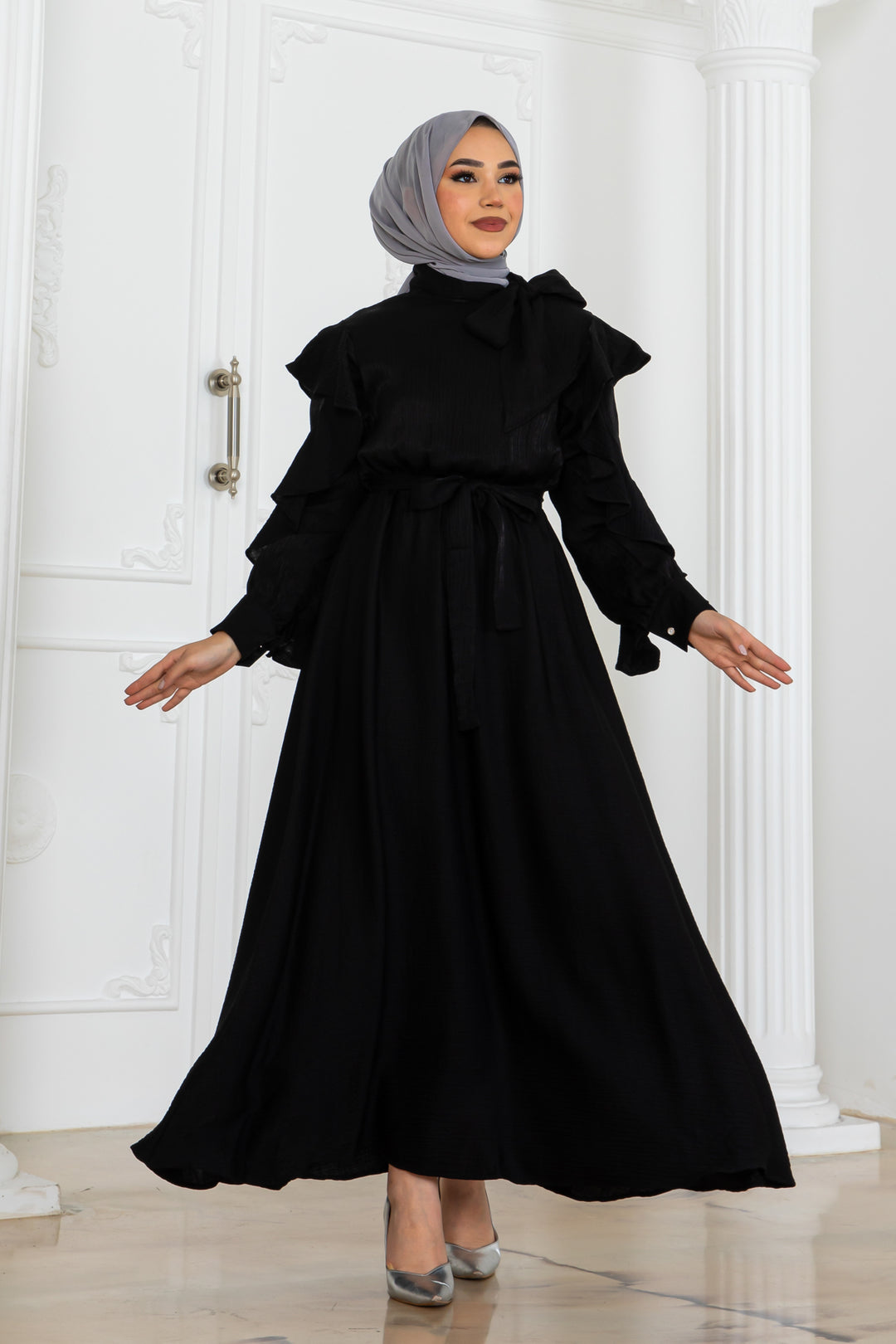 BNG Women Kadın Beli Kuşaklı Fırfır Detaylı Elbise Siyah 2092 - Columbia