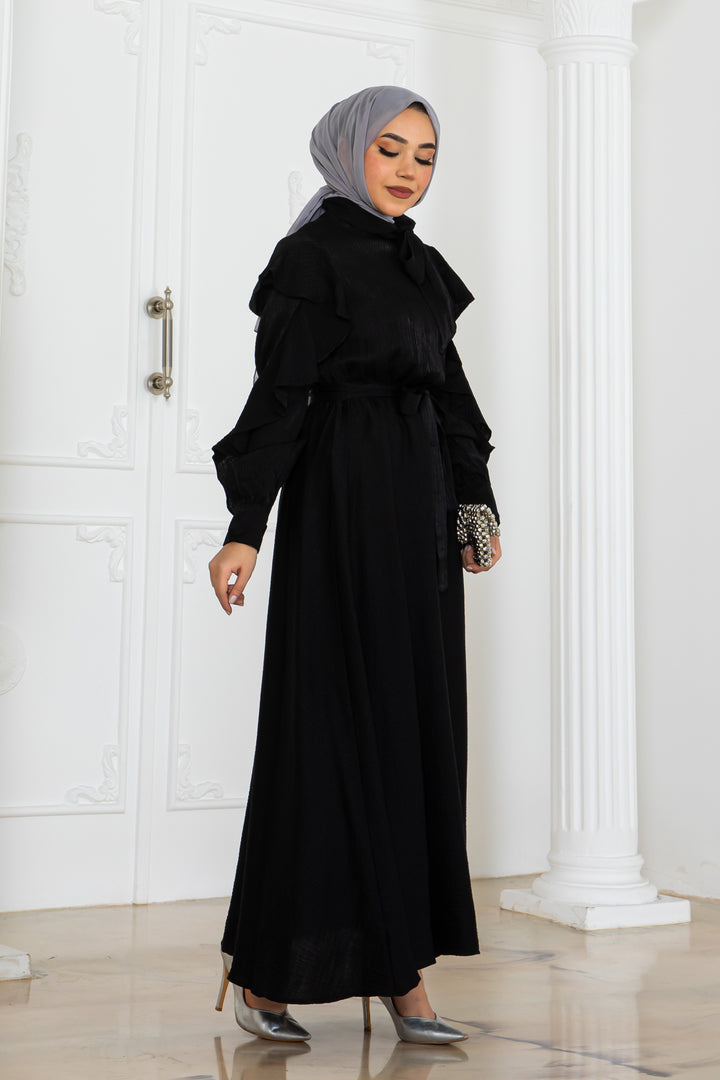 BNG Women Kadın Beli Kuşaklı Fırfır Detaylı Elbise Siyah 2092 - Columbia