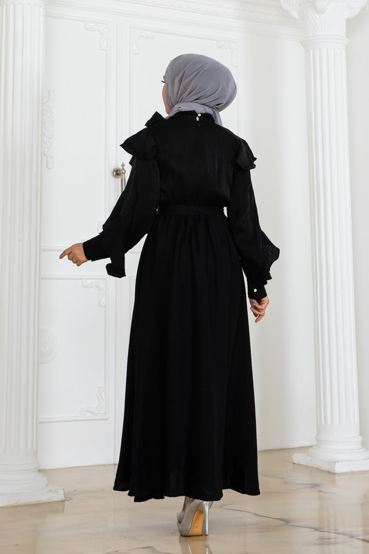 BNG Women Kadın Beli Kuşaklı Fırfır Detaylı Elbise Siyah 2092 - Columbia