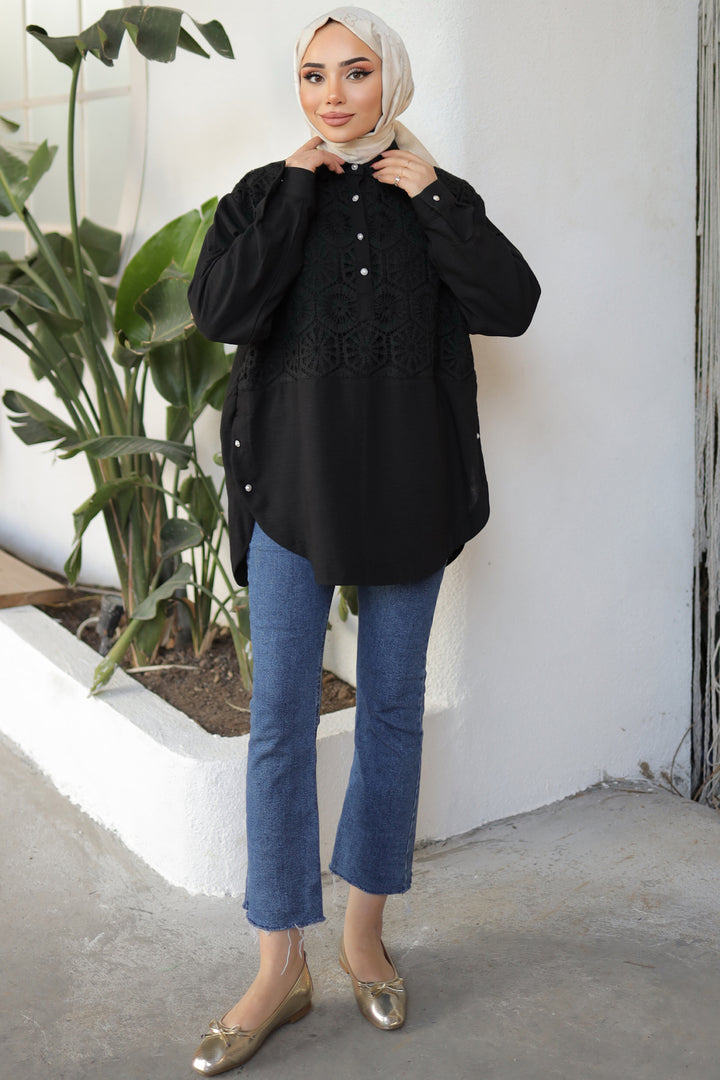 BNG Women Patterned Pearl Button Shirt Black - Clermont