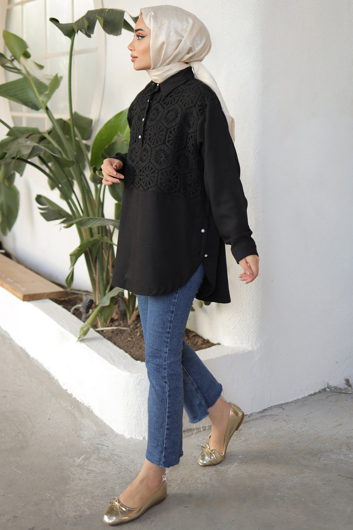 BNG Women Patterned Pearl Button Shirt Black - Clermont
