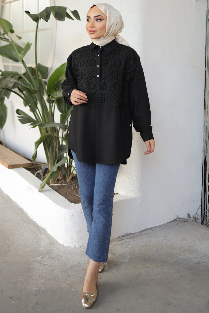 BNG Women Patterned Pearl Button Shirt Black - Clermont