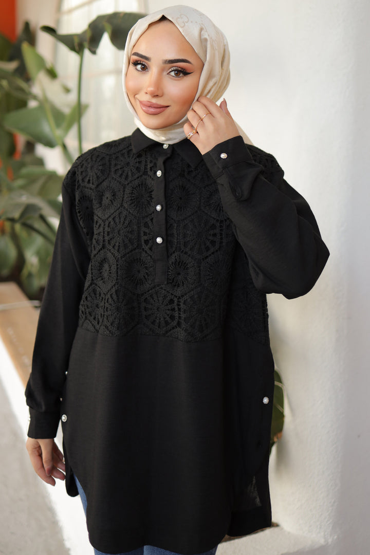 BNG Women Patterned Pearl Button Shirt Black - Clermont