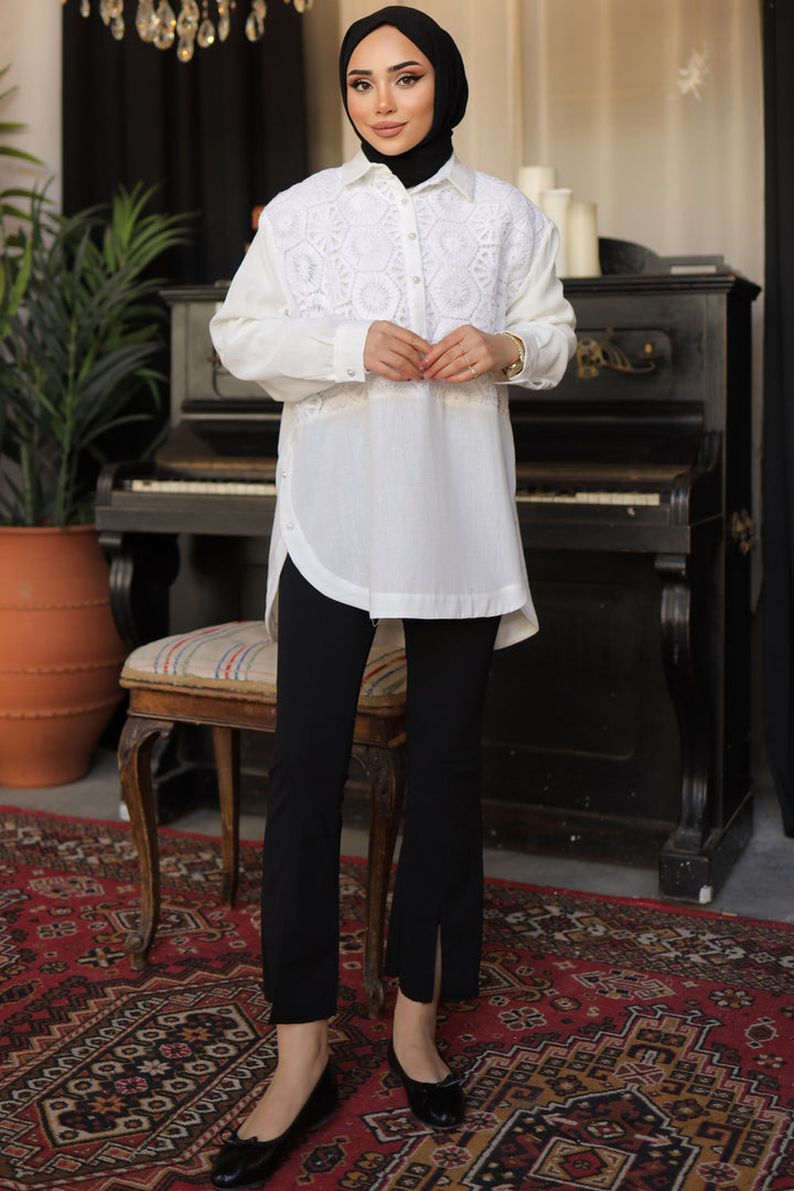 BNG Women Patterned Pearl Button Shirt White - Clermont