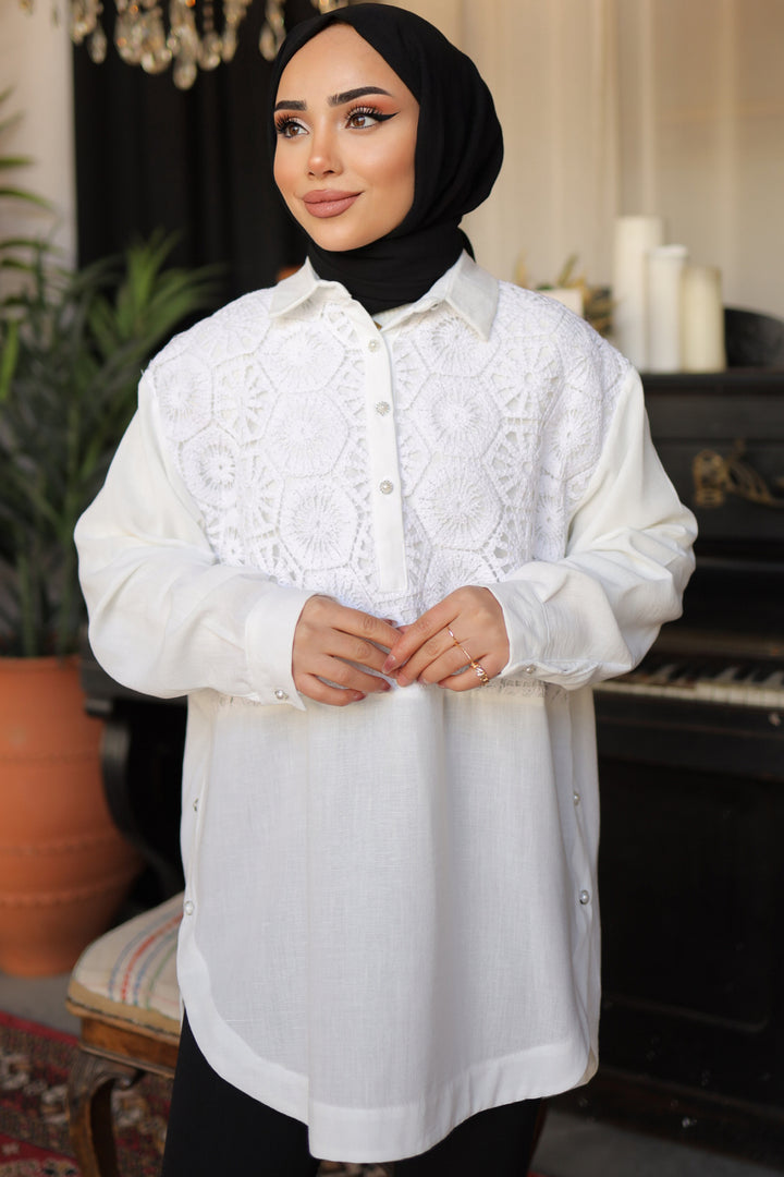 BNG Women Patterned Pearl Button Shirt White - Clermont