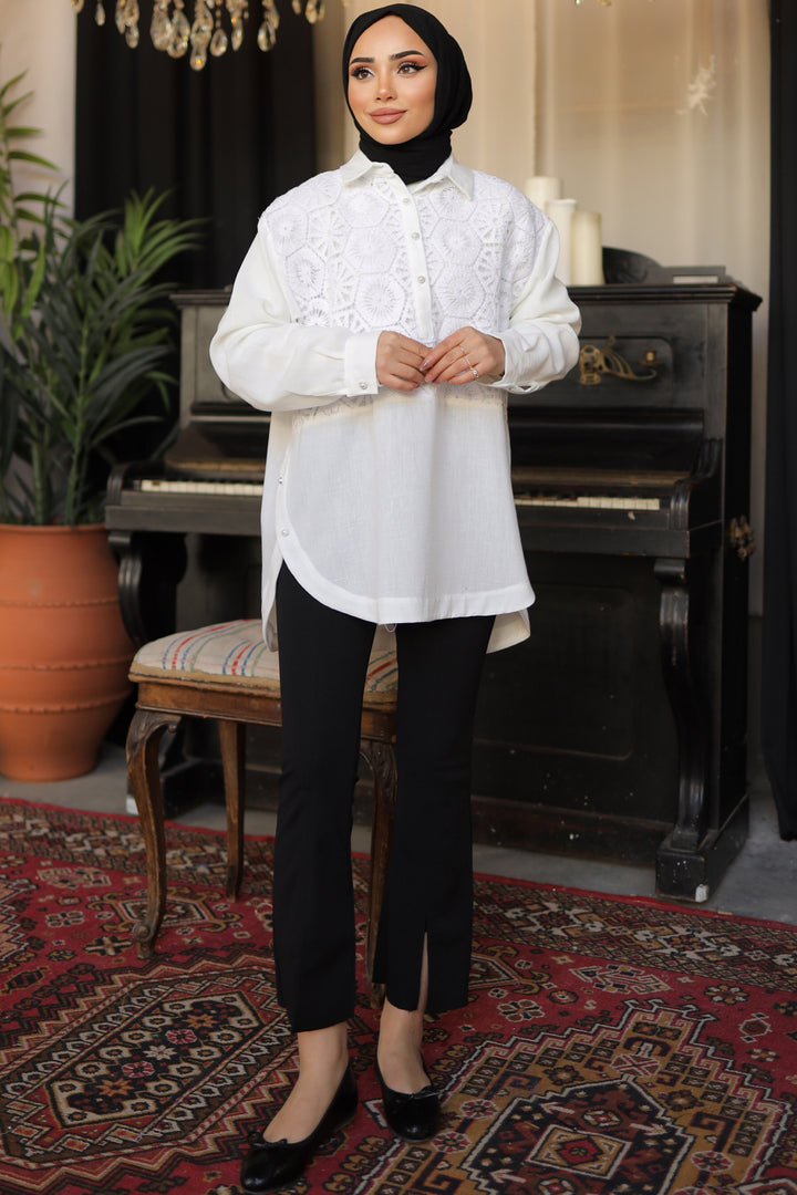 BNG Women Patterned Pearl Button Shirt White - Clermont