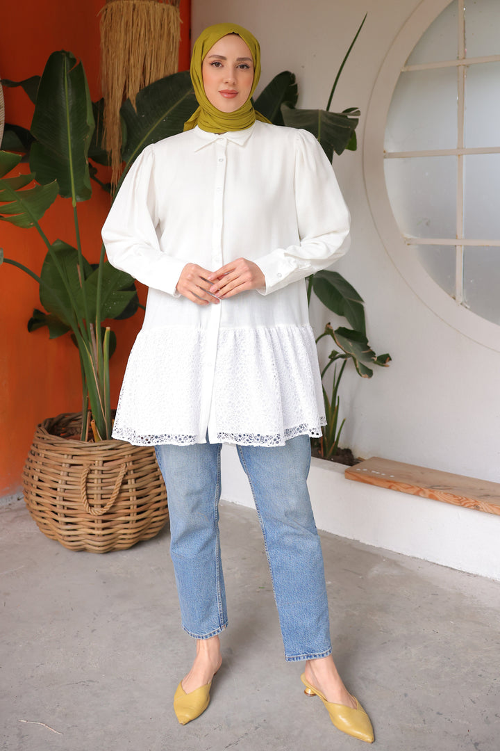 BNG Women Shirt with Lace Detail at the Hem White - Clermont
