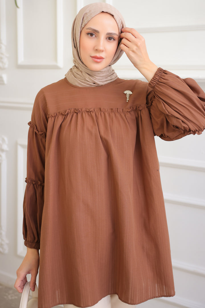 BNG Women Brown Ruffled Shirt with Detailed Brooch - Clermont
