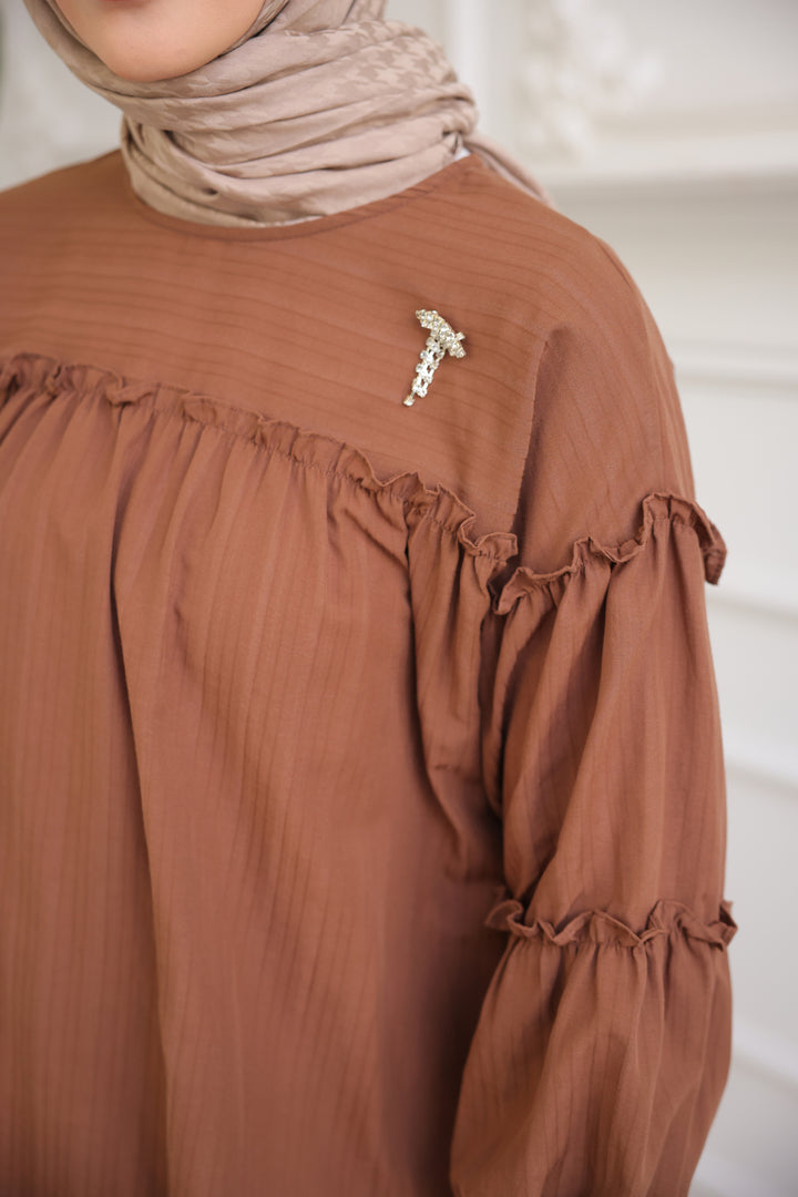 BNG Women Brown Ruffled Shirt with Detailed Brooch - Clermont