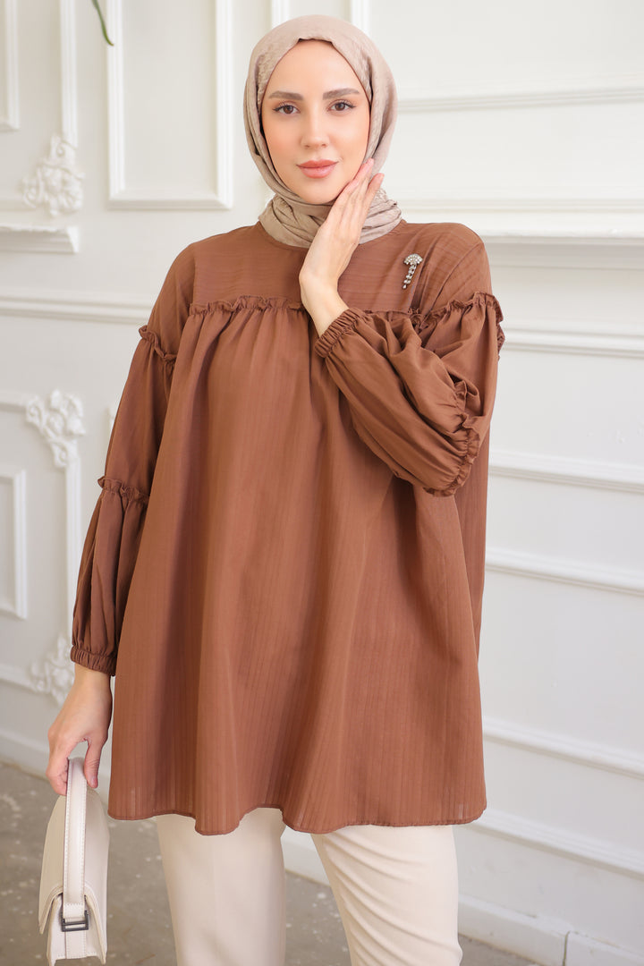 BNG Women Brown Ruffled Shirt with Detailed Brooch - Clermont