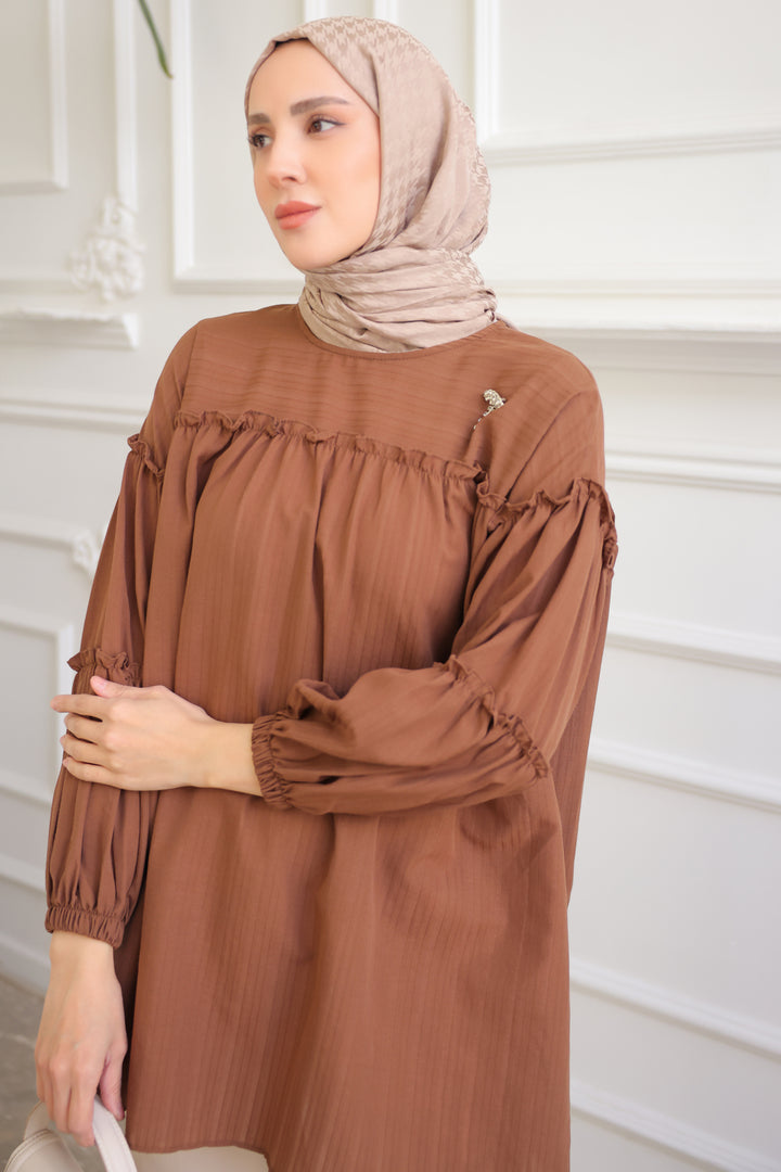 BNG Women Brown Ruffled Shirt with Detailed Brooch - Clermont