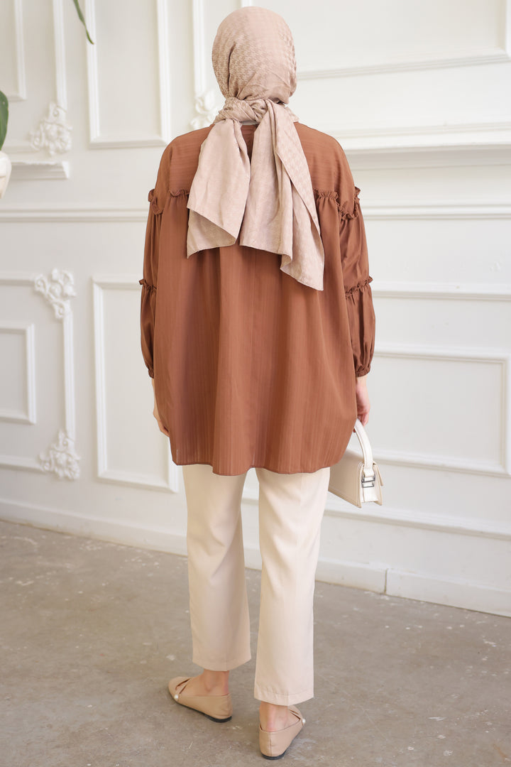 BNG Women Brown Ruffled Shirt with Detailed Brooch - Clermont