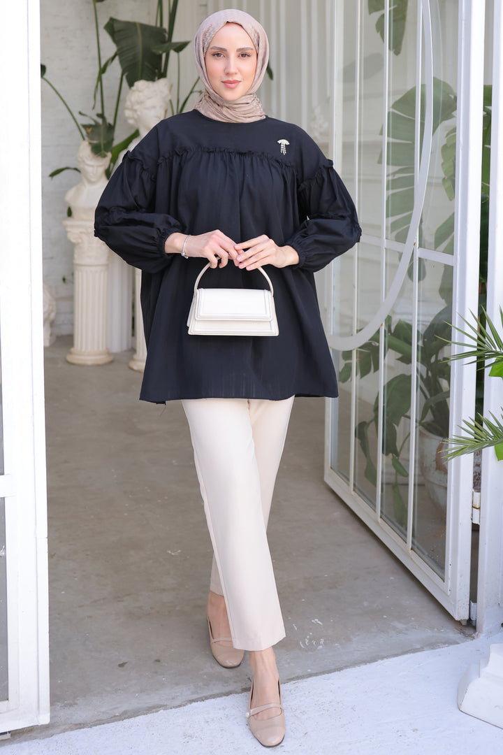 BNG Women Black Ruffled Shirt with Detailed Brooch - Clermont