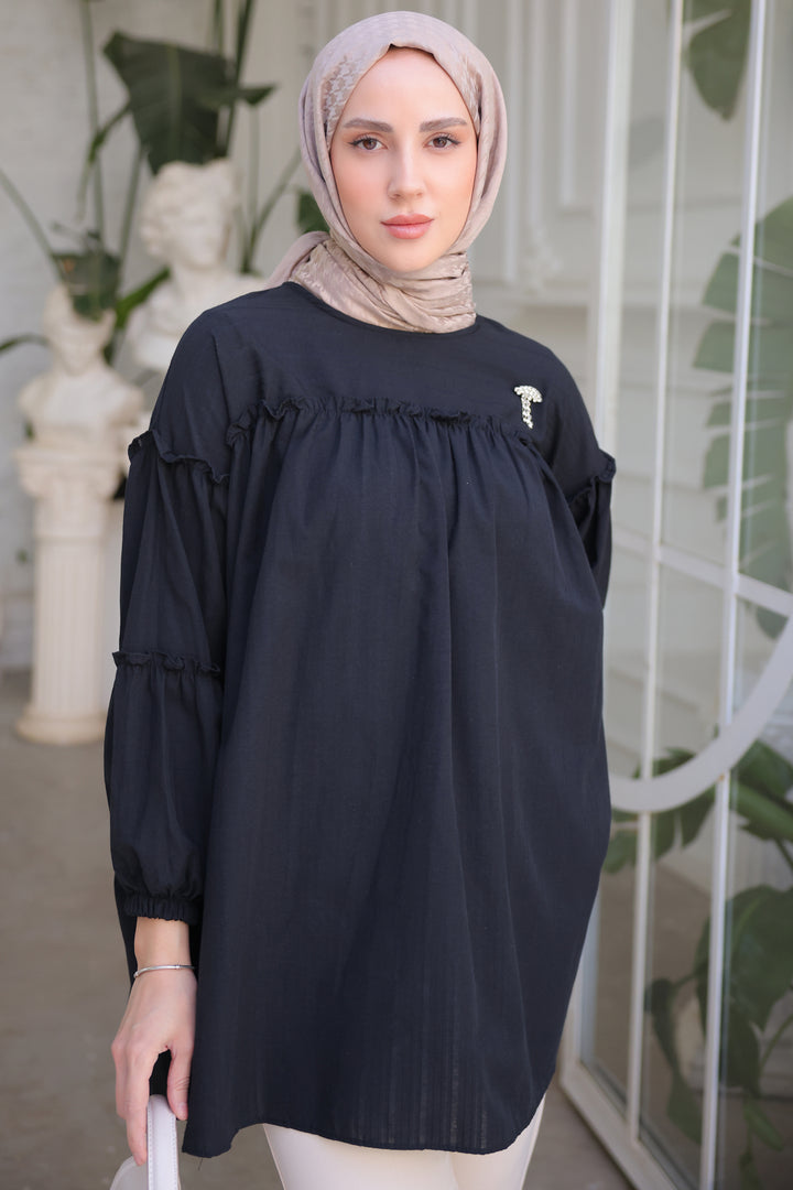 BNG Women Black Ruffled Shirt with Detailed Brooch - Clermont