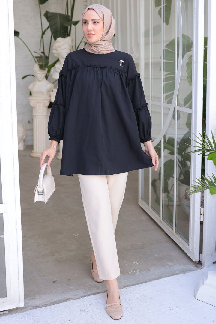 BNG Women Black Ruffled Shirt with Detailed Brooch - Clermont