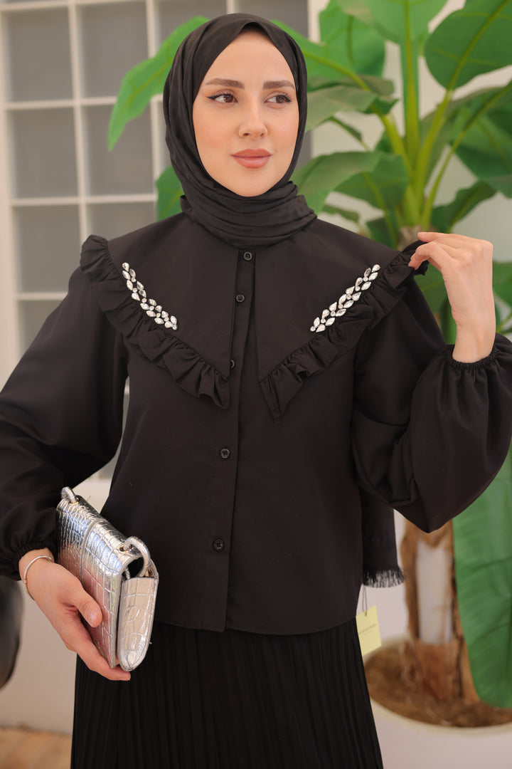 BNG Women Short Shirt with Stone Detailed Collar Black - Clermont