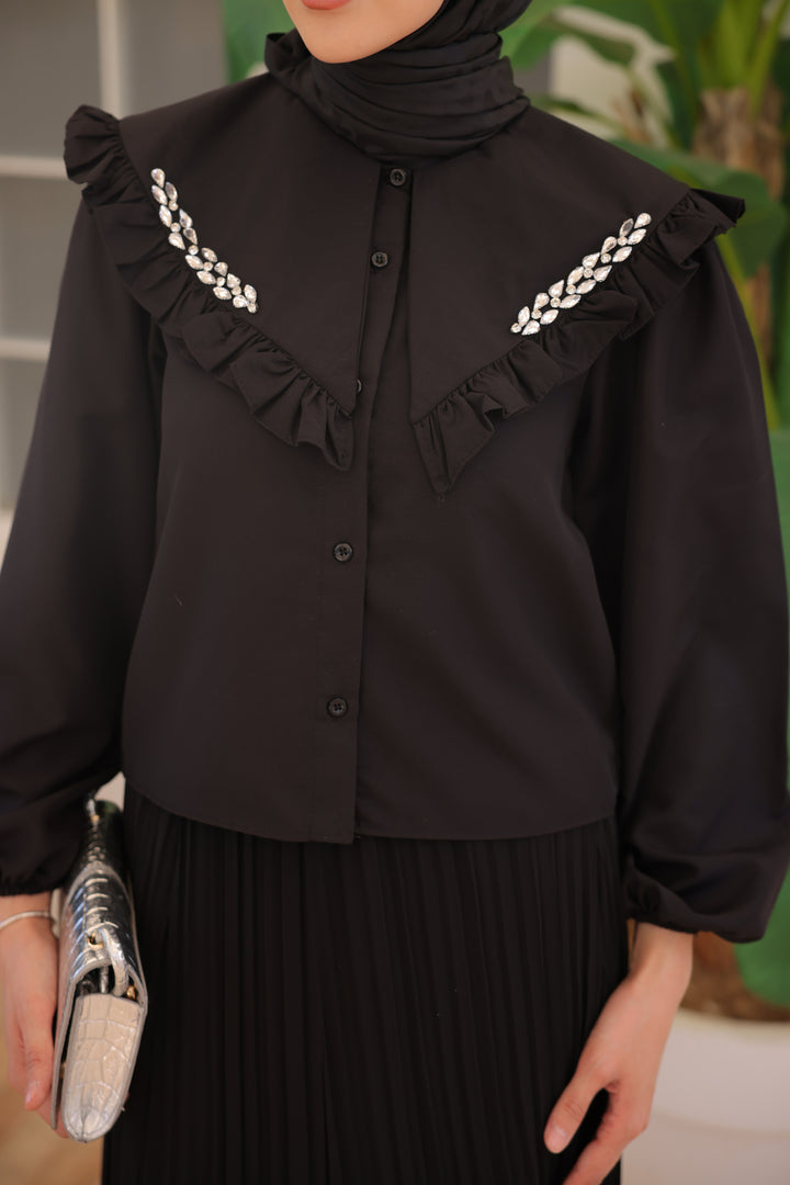 BNG Women Short Shirt with Stone Detailed Collar Black - Clermont