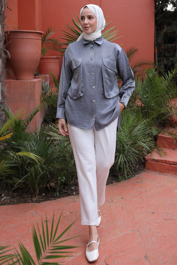 BNG Women Women's Oversized Pocket Detailed Shirt 2081 Gray - Clermont