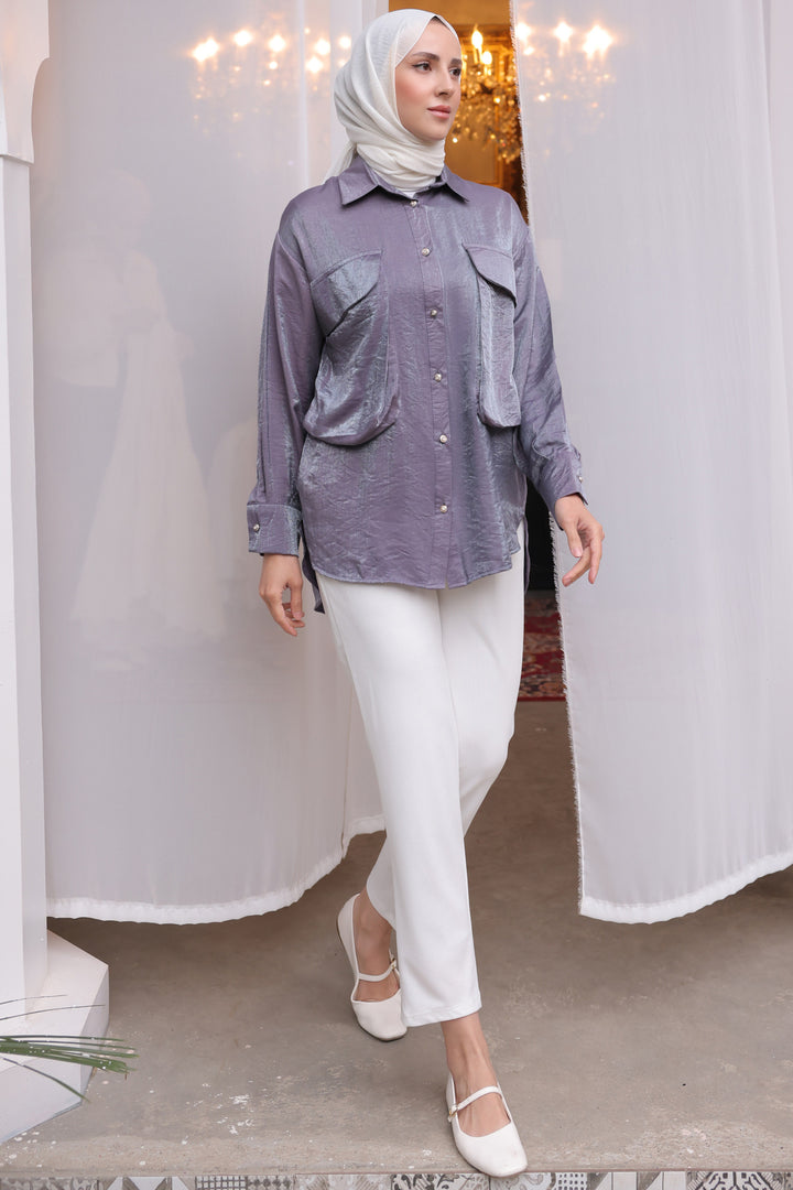 BNG Women Women's Oversized Pocket Detailed Shirt 2081 Purple - Clermont