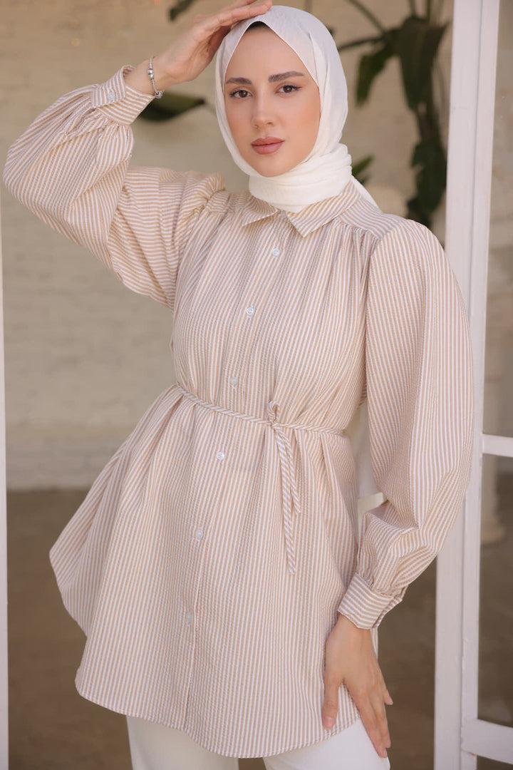 BNG Women Woman Waist Rope Detailed Striped Shirt 2093 Beige - Clermont