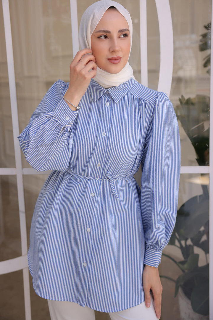 BNG Women Woman Waist Rope Detailed Striped Shirt 2093 Blue - Clermont