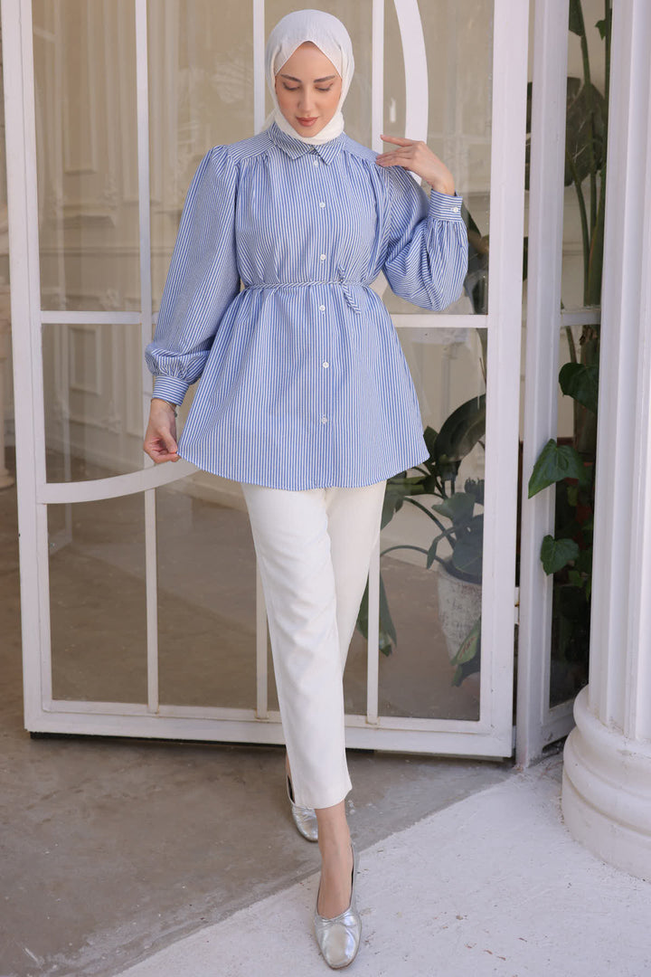BNG Women Woman Waist Rope Detailed Striped Shirt 2093 Blue - Clermont