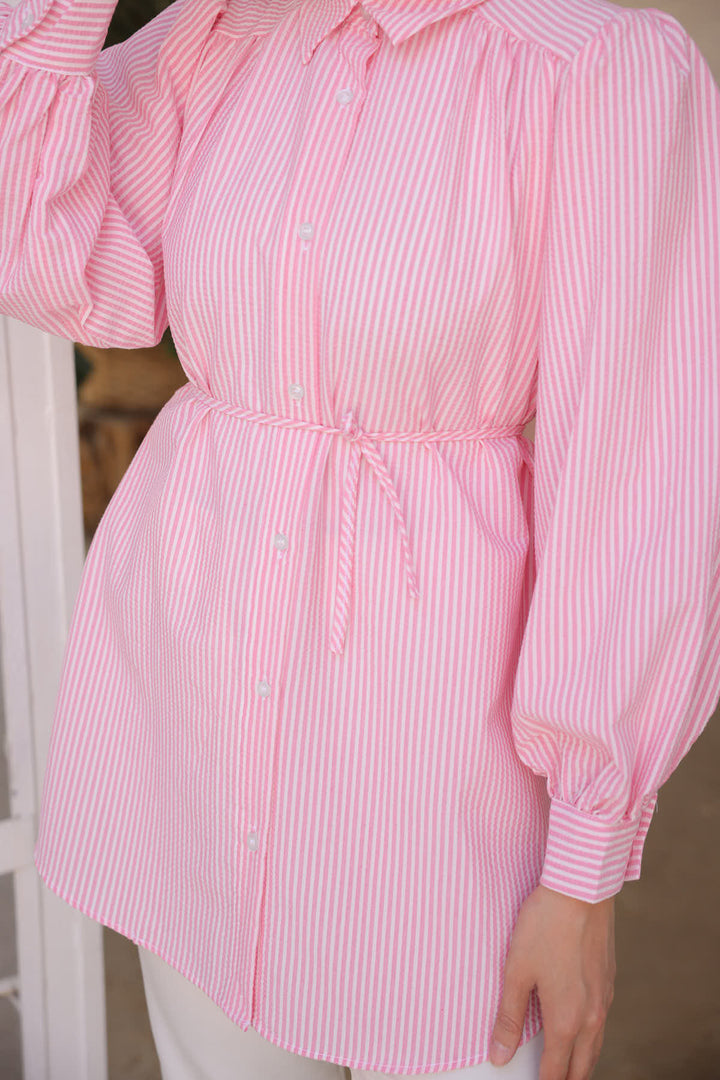 BNG Women Woman Waist Rope Detailed Striped Shirt 2093 Pink - Clermont