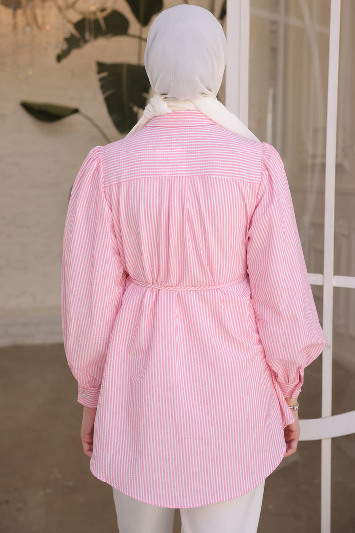 BNG Women Woman Waist Rope Detailed Striped Shirt 2093 Pink - Clermont