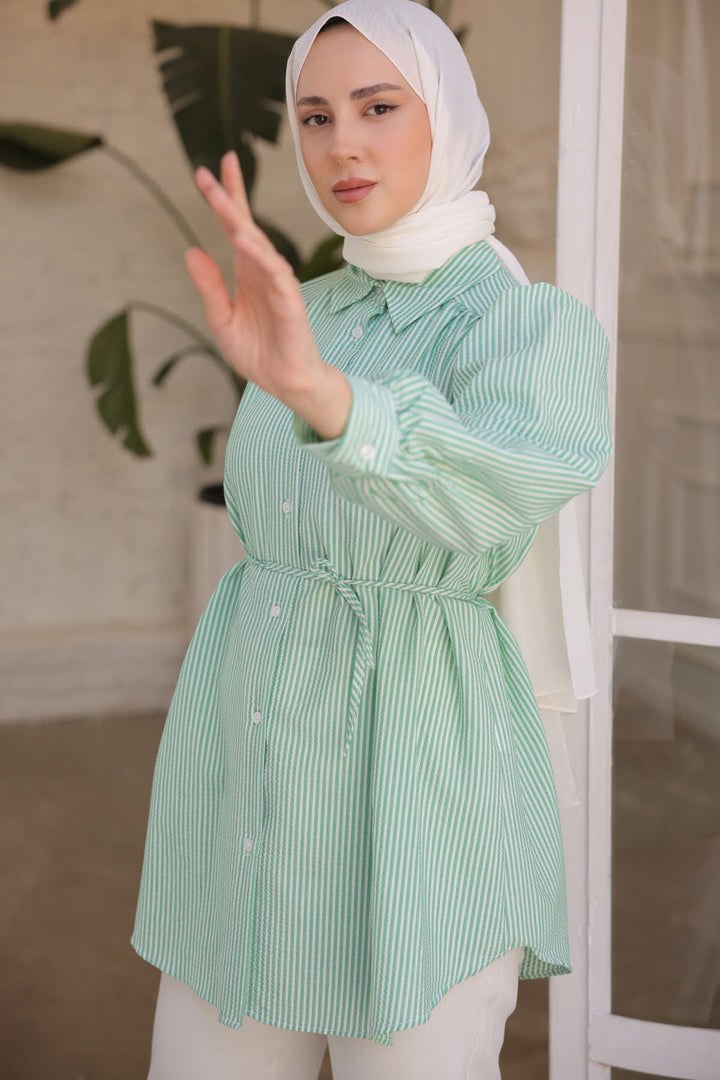 BNG Women Woman Waist Rope Detailed Striped Shirt 2093 Green - Clermont