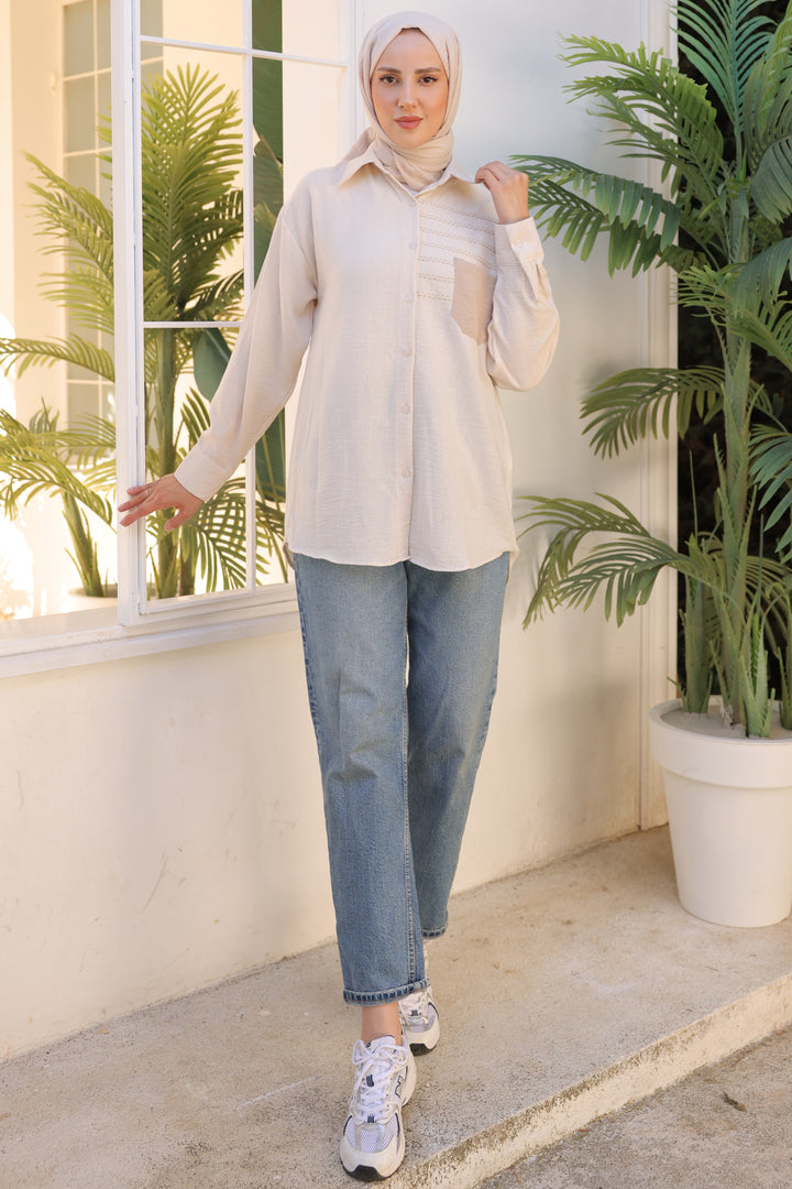 BNG Women Beige Shirt with Embroidered Pocket Detail - Clermont