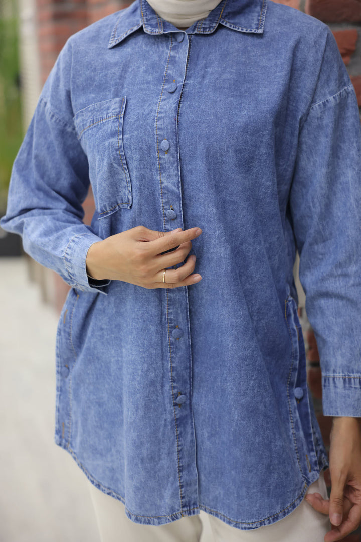 BNG Women Navy Blue Denim Shirt - Clermont
