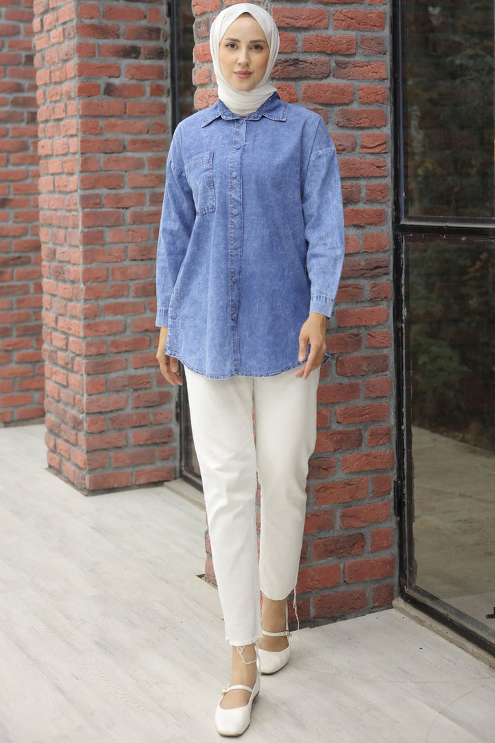 BNG Women Navy Blue Denim Shirt - Clermont