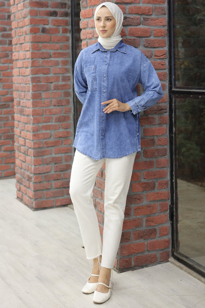 BNG Women Navy Blue Denim Shirt - Clermont