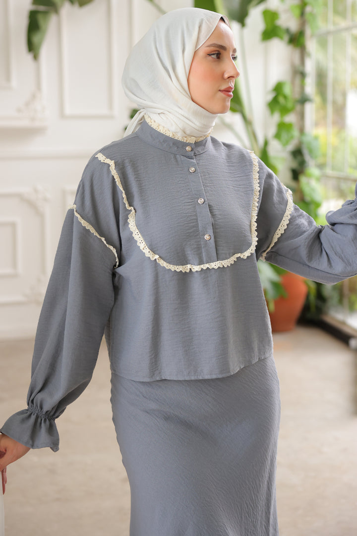 BNG Women Knit Detailed Collar Two-Piece Set Gray - Clermont