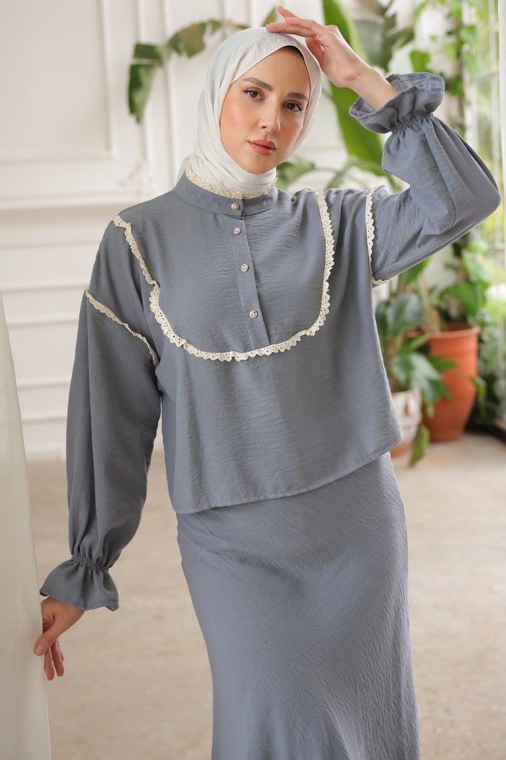BNG Women Knit Detailed Collar Two-Piece Set Gray - Clermont