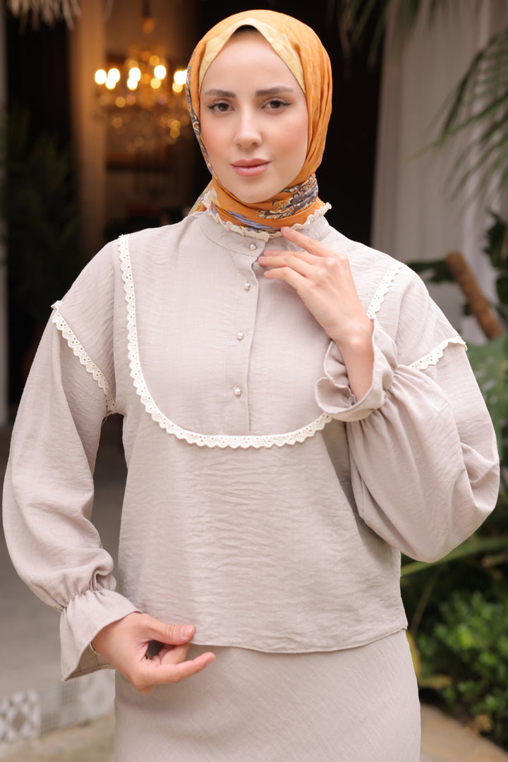 BNG Women Knit Detailed Collar Two-Piece Set Mink - Clermont
