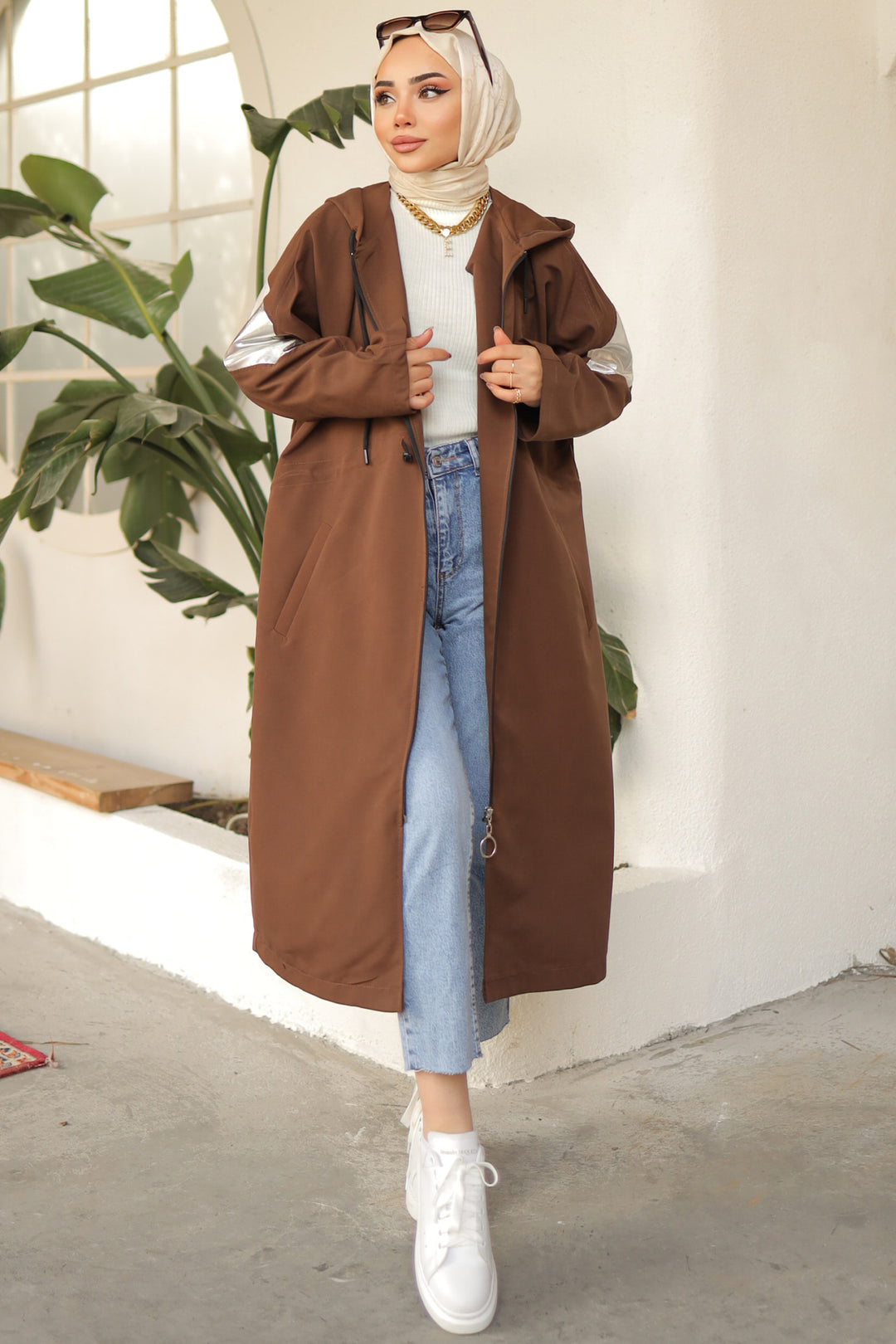 BNG Women Brown Trench Coat with Bright Sleeve Detail - Clermont