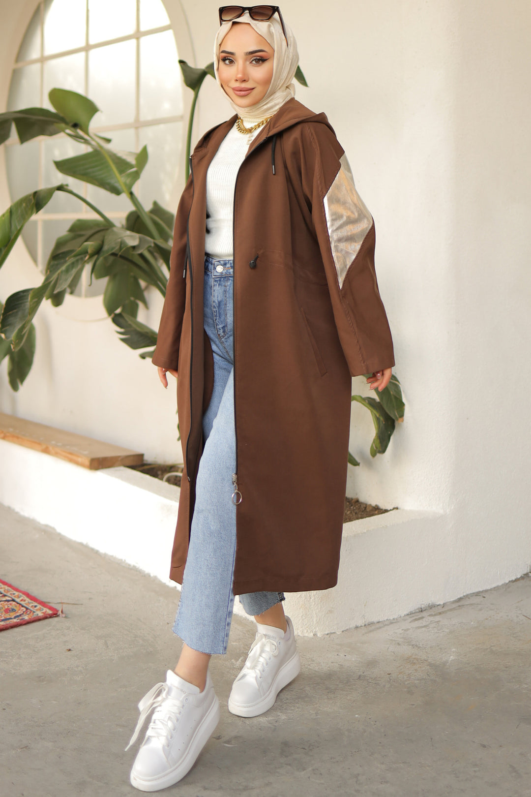 BNG Women Brown Trench Coat with Bright Sleeve Detail - Clermont