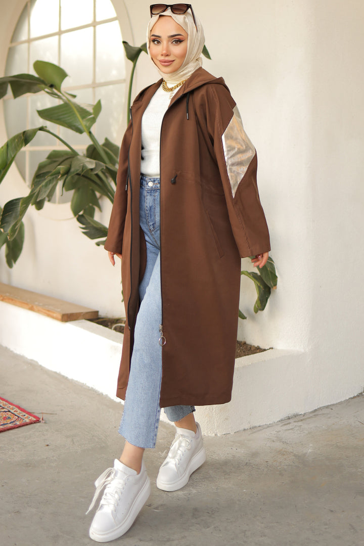 BNG Women Brown Trench Coat with Bright Sleeve Detail - Clermont