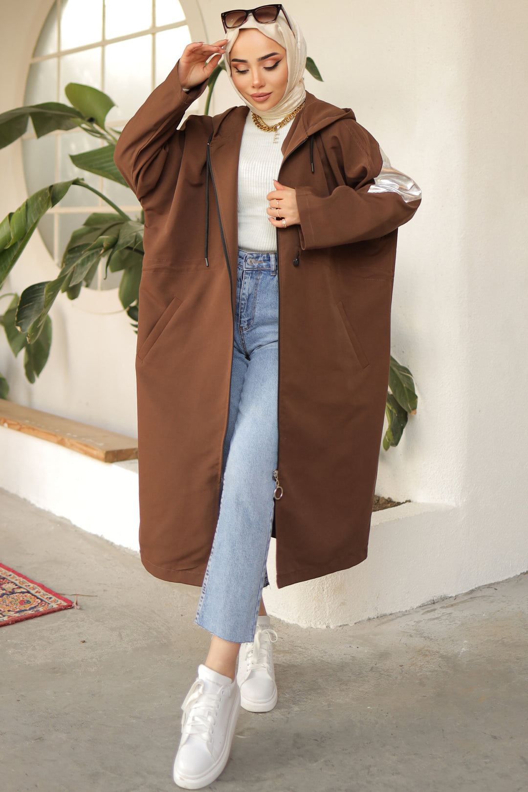 BNG Women Brown Trench Coat with Bright Sleeve Detail - Clermont