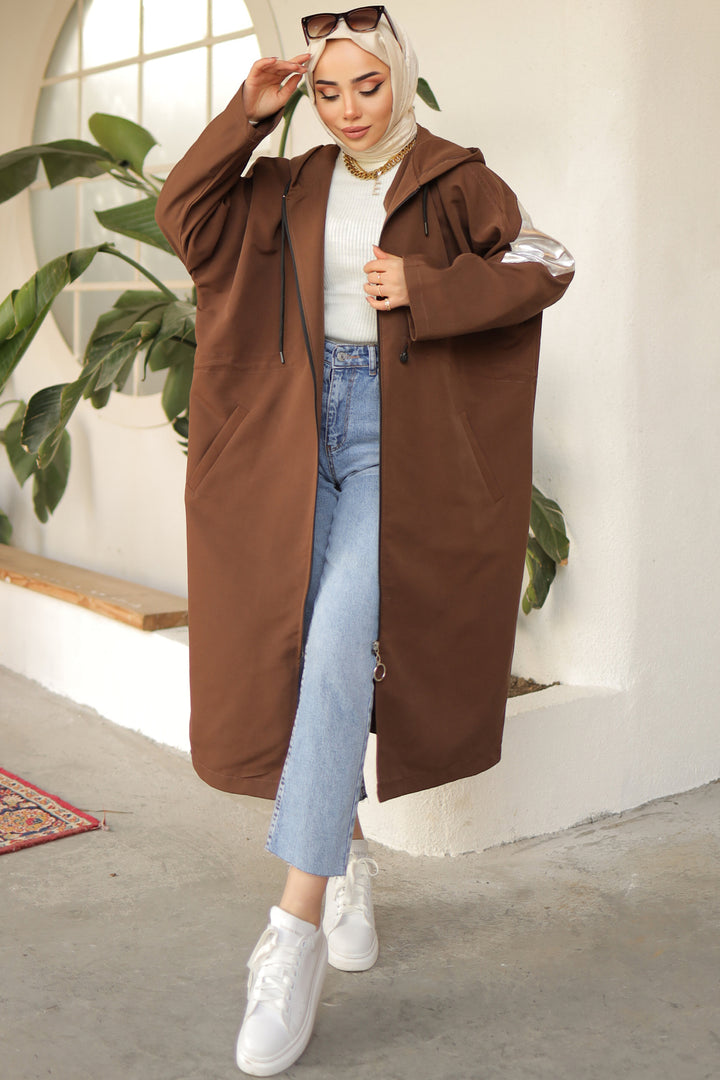 BNG Women Brown Trench Coat with Bright Sleeve Detail - Clermont
